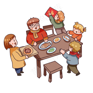 手绘卡通猪年年夜饭,免抠元素