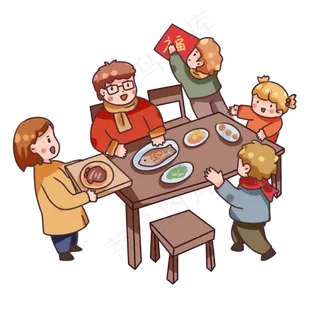 手绘卡通猪年年夜饭,免抠元素