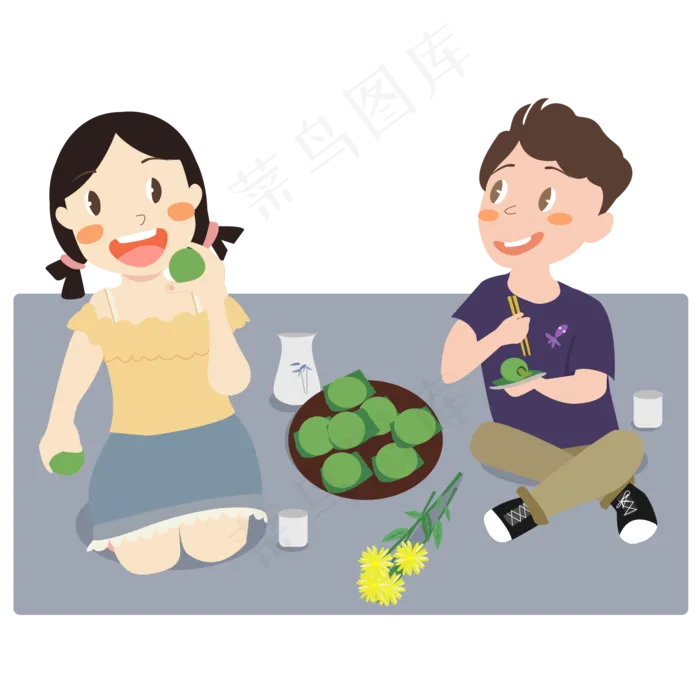 清明节吃青团的情侣(2500X3000(DPI:300))ai矢量模版下载