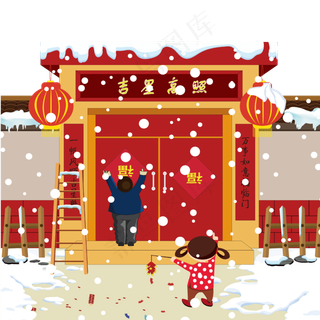 农历新年手绘春节习俗贴对联免抠