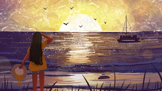 夏日海边梦幻夕阳治愈系