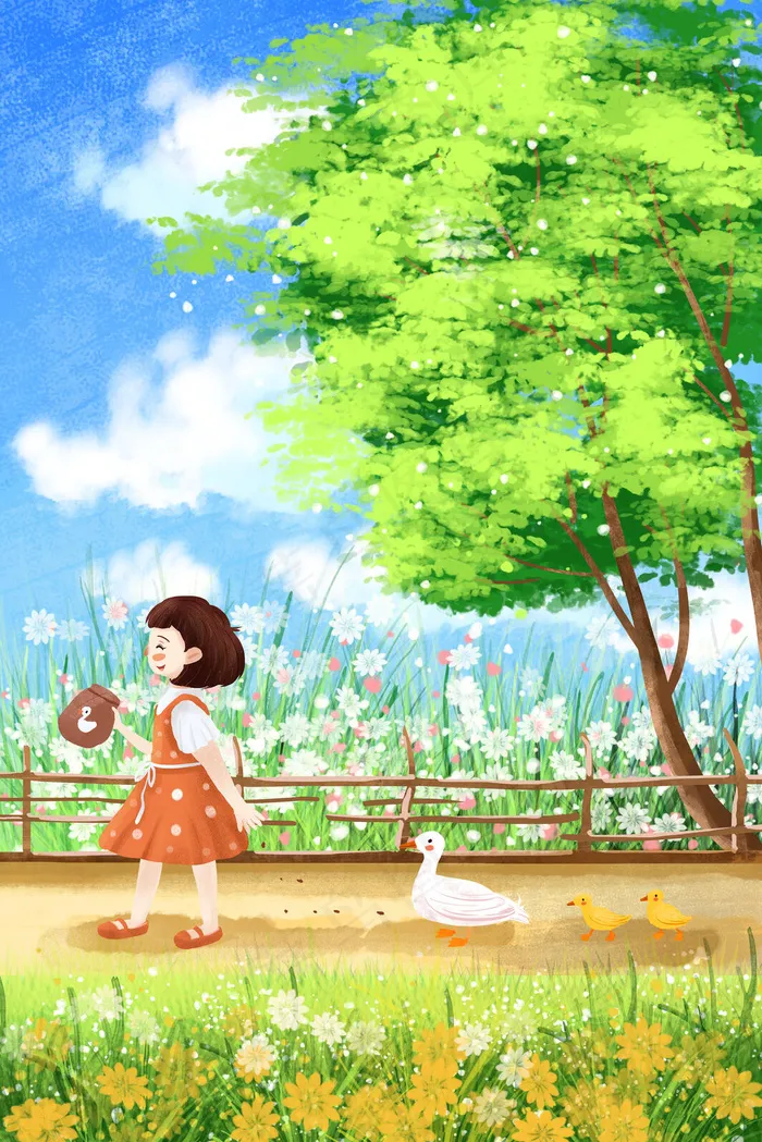 五月你小女孩喂小鸭子治愈系小清新(3545*5315px 300 dpi )psd模版下载