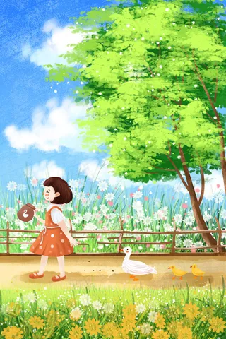 五月你小女孩喂小鸭子治愈系小清新