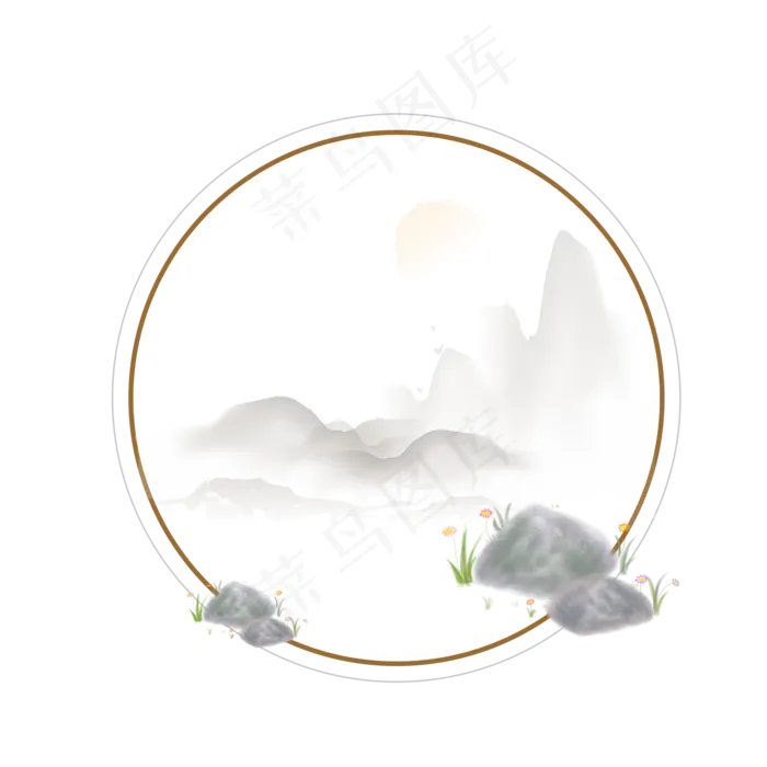 中国风边框装饰水墨风古风石头山,免抠元素