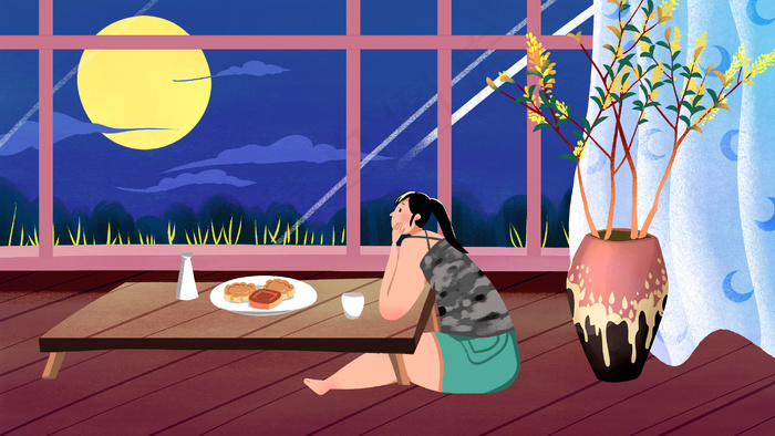 蓝色系卡通手绘风中秋配图