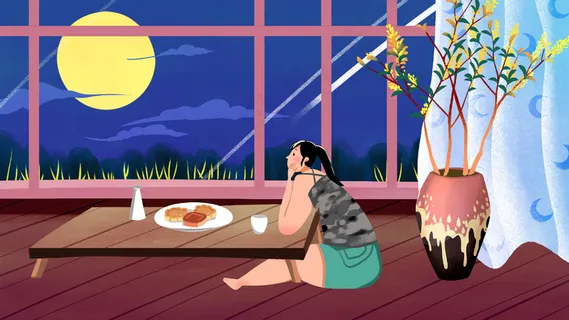 蓝色系卡通手绘风中秋配图