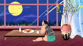 蓝色系卡通手绘风中秋配图