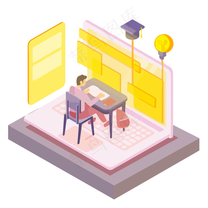 办公室线上学习办公2.5D立体风格,免抠元素