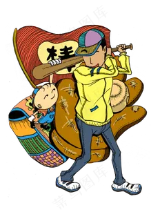 父亲节橙色手绘打棒球的父子免扣