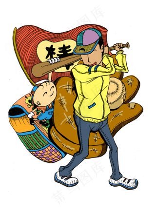 父亲节橙色手绘打棒球的父子免扣