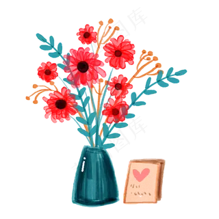 手绘红色花朵捧花花束PNG免抠素材