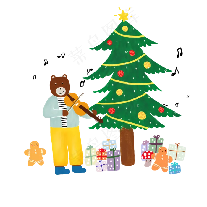 圣诞小熊小提琴音乐可爱松饼小人,免抠元素(3000*3000px 300 dpi )psd模版下载