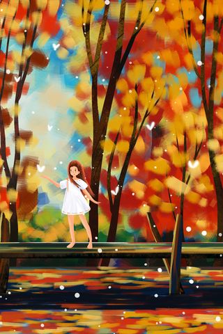 鲜艳色彩树林过桥风景