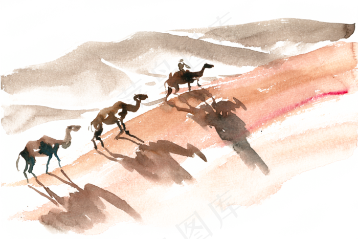 沙漠骆驼水彩画PNG免抠素材