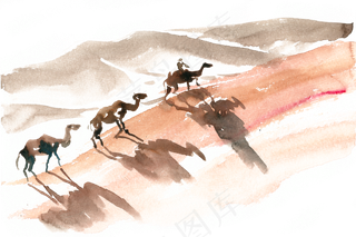 沙漠骆驼水彩画PNG免抠素材