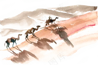 沙漠骆驼水彩画PNG免抠素材