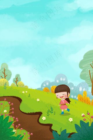春游扁平女孩踏青蓝天绿草