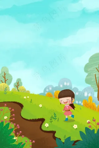 春游扁平女孩踏青蓝天绿草
