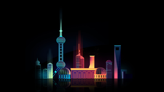 暑假旅游上海城市夜景扁平风景