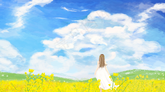 春日在油菜花田踏青的小姑娘(2880X1620(DPI:150))psd模版下载