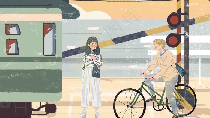 早安治愈系电车路口相遇可爱问扁平化插画