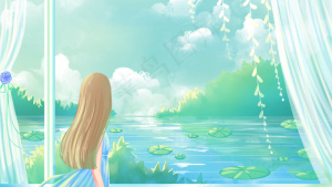 绿色唯美卡通小清新夏季小暑大暑赏景配图