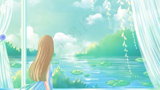 绿色唯美卡通小清新夏季小暑大暑赏景配图
