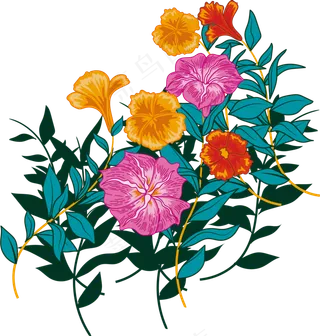 各种颜色的花和叶子手绘设计图