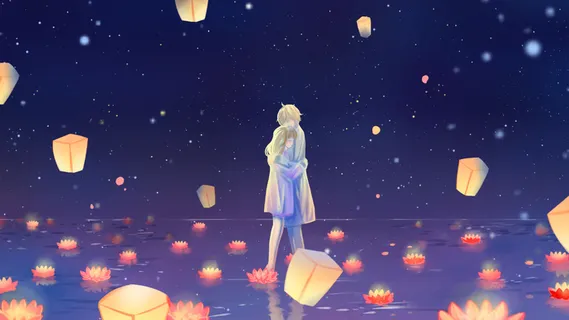 蓝紫色唯美卡通小清新治愈七夕节日情侣配图