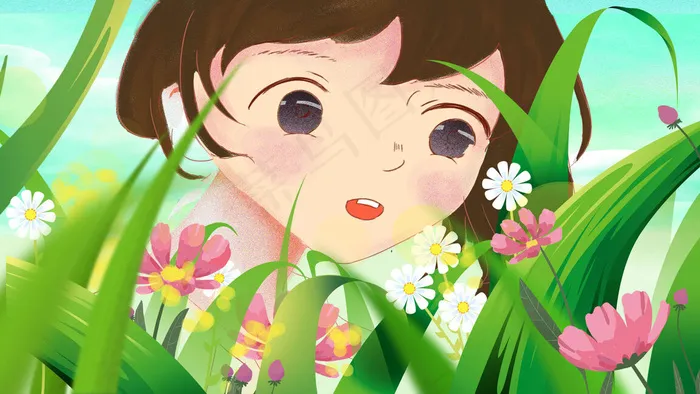 春天夏季清新少女草坪出游旅游蓝天植物野花