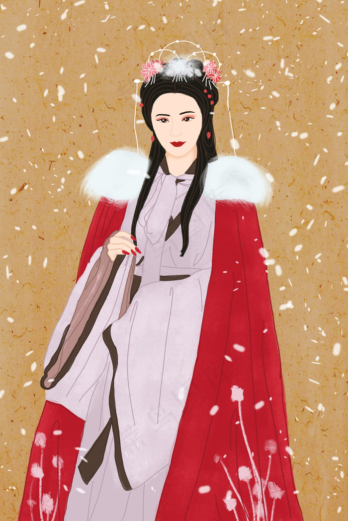 国潮中国风服饰之汉服古装女子红披风落雪(3545X5315(DPI:300))psd模版下载