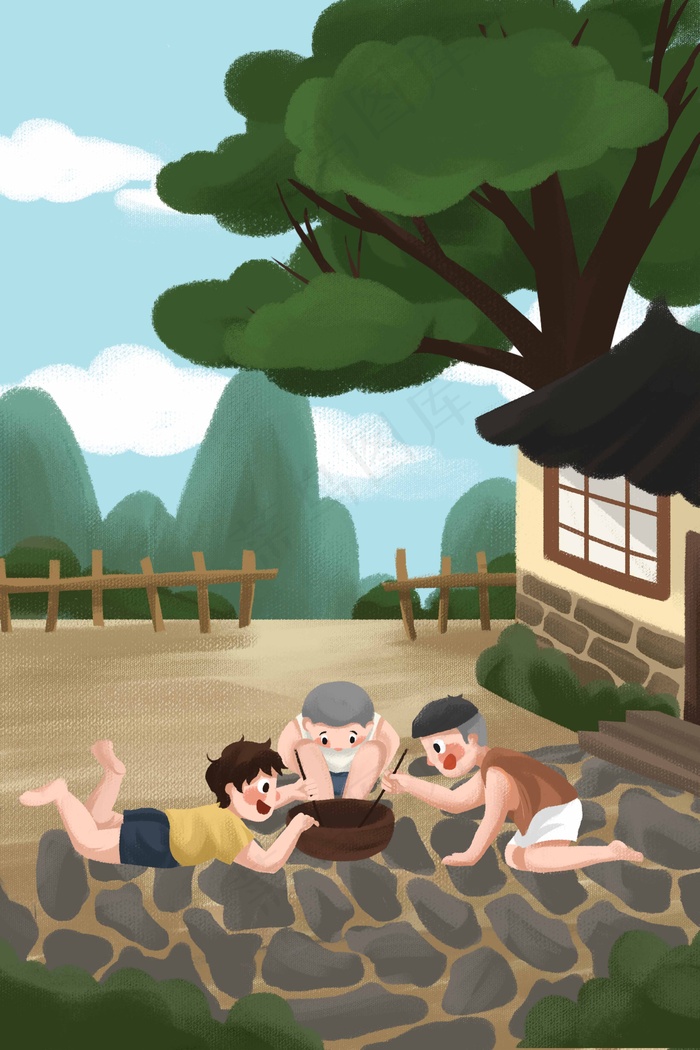 夏天夏季老房子童年记忆孩子斗蟋蟀游戏