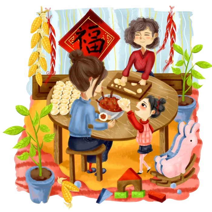 手绘阖家团圆包饺子春节过年节日,免抠元素(4000X4000(DPI:300))psd模版下载