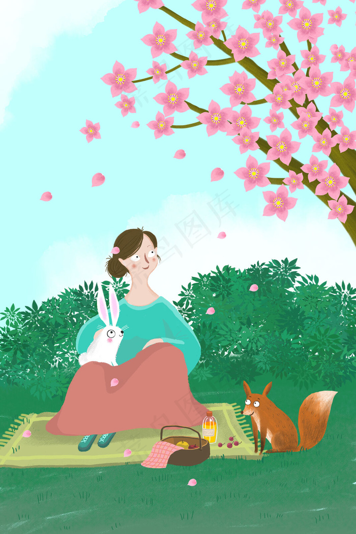 樱花烂漫野餐的少女