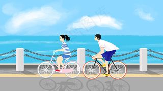 五四青年节手绘男孩女孩海边骑自行车