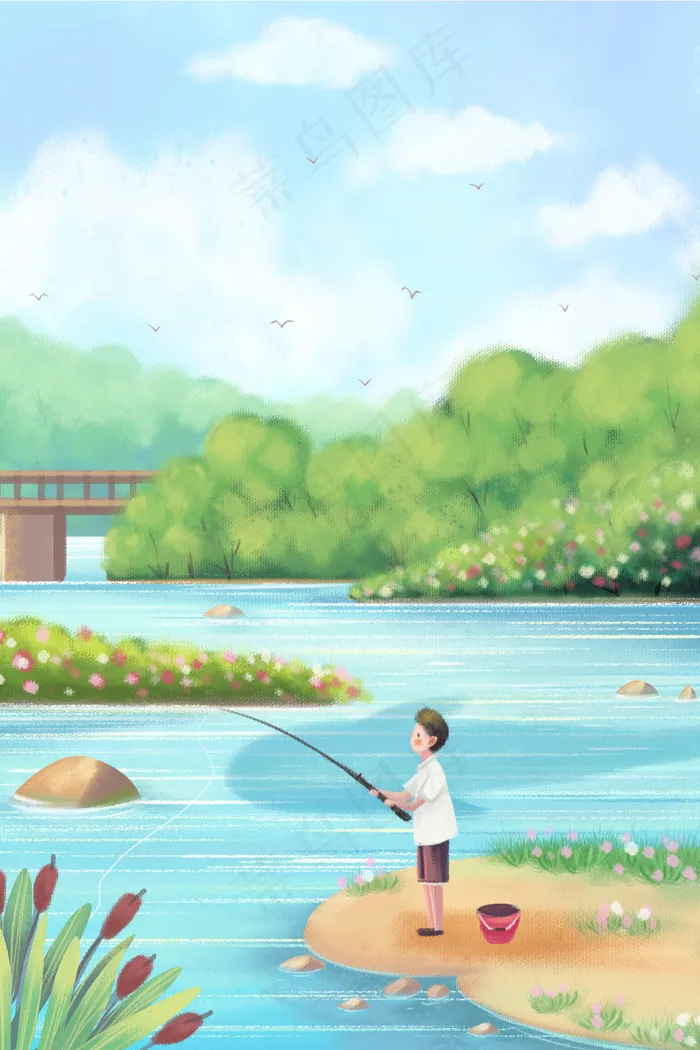 夏天主题之河边钓鱼的风景