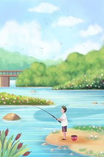 夏天主题之河边钓鱼的风景