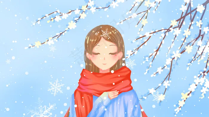 蓝色唯美卡通小清新梅花少女冬至节气配图(2880*1620px 300 dpi )psd模版下载