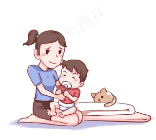 卡通手绘夜晚妈妈哄孩子睡觉,免抠元素
