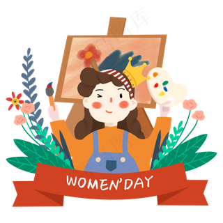 女神节小清新风格女画家,免抠元素