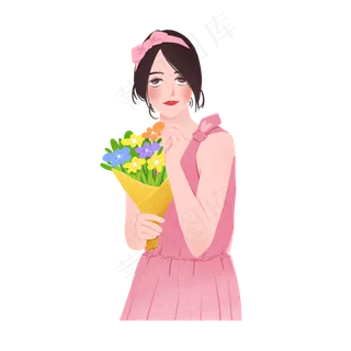 手拿彩色花束的粉色衣服甜美少女