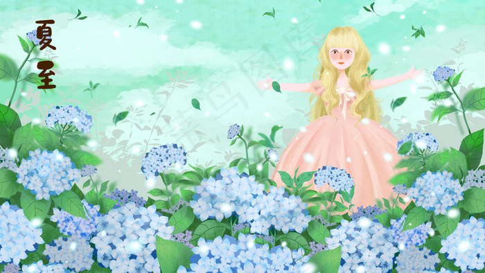 夏至绿色治愈系绣球花女孩(2880*1620px 300 dpi )psd模版下载