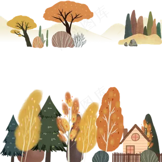 装饰黄色秋天树林森林植物边框PNG,免抠元素