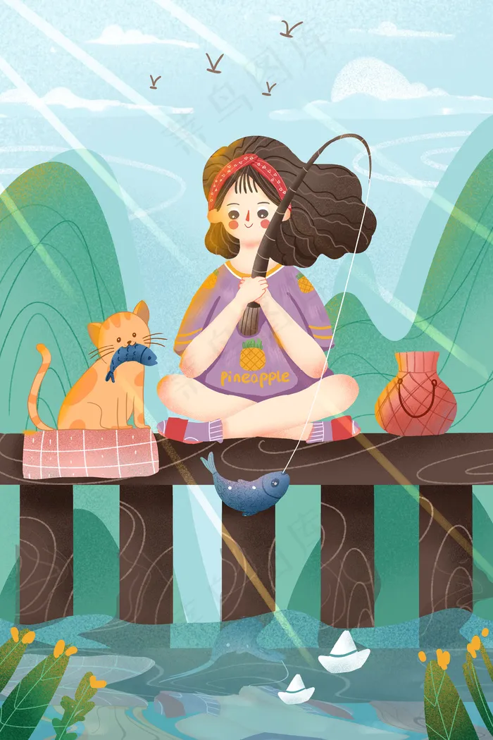 夏天卡通可爱立夏女孩和猫在河边钓鱼配图(3545X5315(DPI:300))psd模版下载