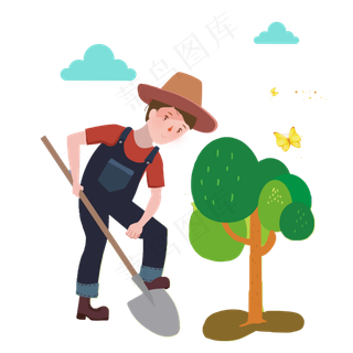 植树节绿意盎然卡通劳动人物手绘,免抠元素