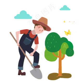 植树节绿意盎然卡通劳动人物手绘,免抠元素