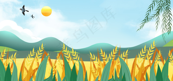 卡通蓝天白云稻香处暑banner图(1920*900px 	       )psd模版下载