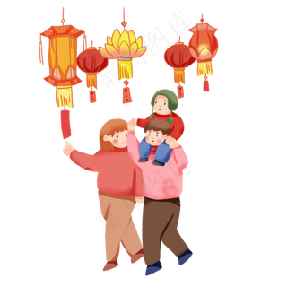 新年元宵家人赏灯猜灯谜,免抠元素