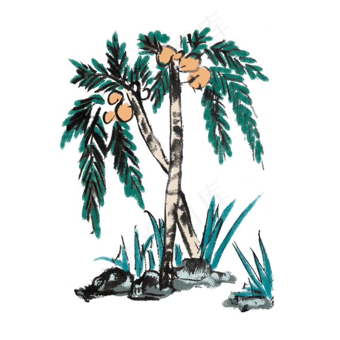 夏天新鲜椰子水墨手绘(4000X4000(DPI:300))psd模版下载