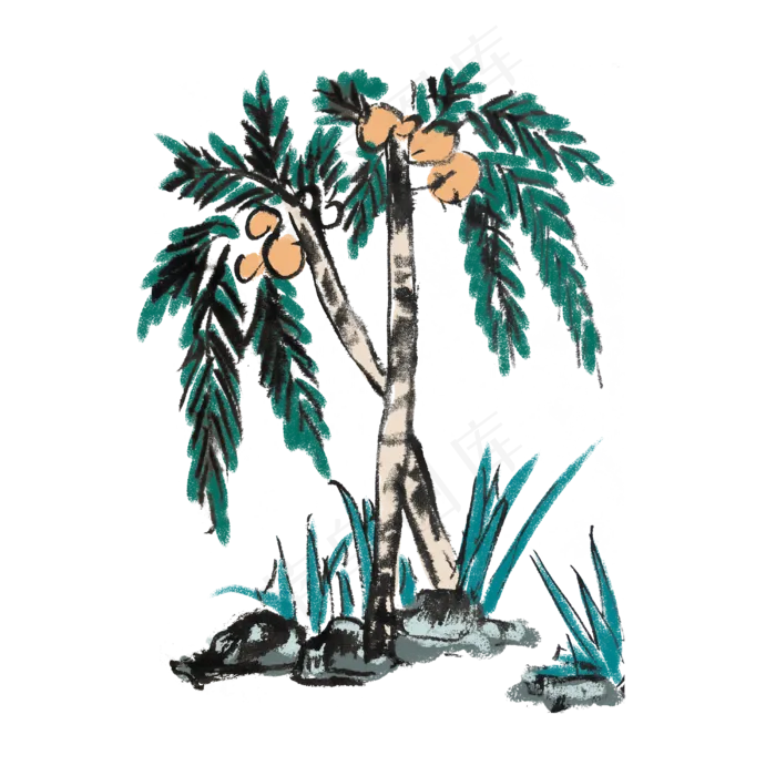 夏天新鲜椰子水墨手绘(4000X4000(DPI:300))psd模版下载